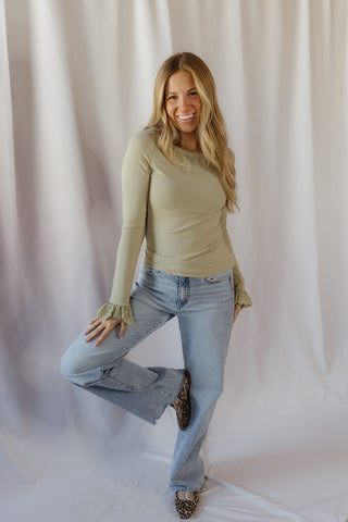 Juno Ruffle Sleeve Ribbed Top, Sage - The Red Thread Boutique