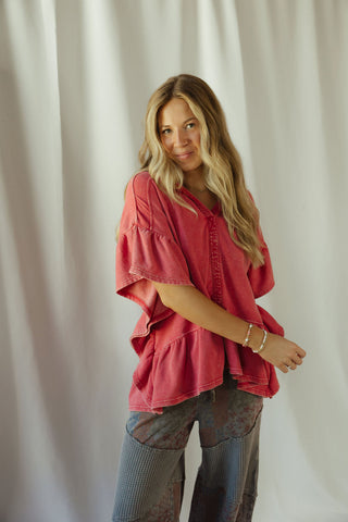 Shea Hooded Ruffle Short Sleeve Sweatshirt, Boho Red