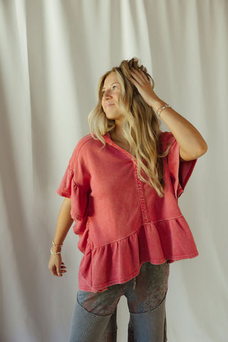 Shea Hooded Ruffle Short Sleeve Sweatshirt, Boho Red
