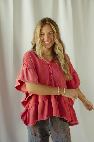 Shea Hooded Ruffle Short Sleeve Sweatshirt, Boho Red