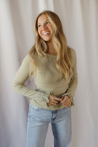 Juno Ruffle Sleeve Ribbed Top, Sage - The Red Thread Boutique