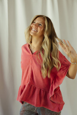 Shea Hooded Ruffle Short Sleeve Sweatshirt, Boho Red