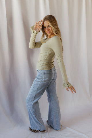 Juno Ruffle Sleeve Ribbed Top, Sage - The Red Thread Boutique