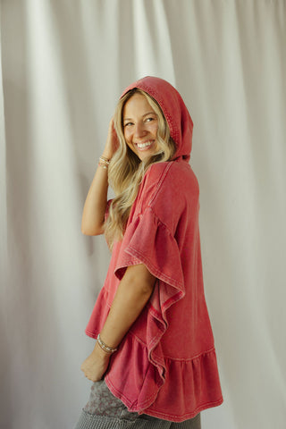 Shea Hooded Ruffle Short Sleeve Sweatshirt, Boho Red