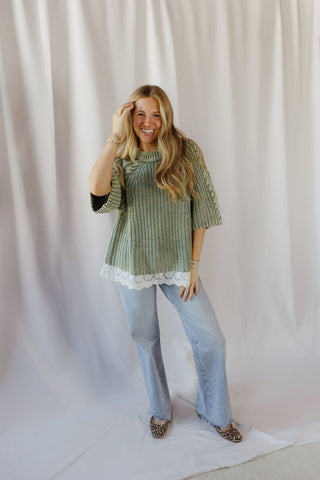 Jovie Lace Bottom Sweater, Green - The Red Thread Boutique