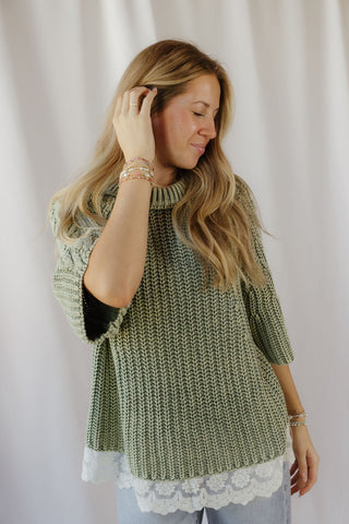 Jovie Lace Bottom Sweater, Green - The Red Thread Boutique