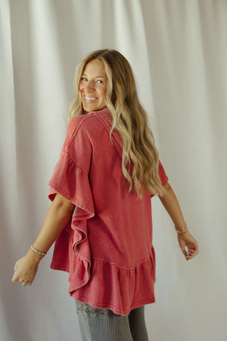 Shea Hooded Ruffle Short Sleeve Sweatshirt, Boho Red