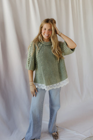 Jovie Lace Bottom Sweater, Green - The Red Thread Boutique