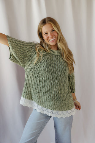 Jovie Lace Bottom Sweater, Green - The Red Thread Boutique