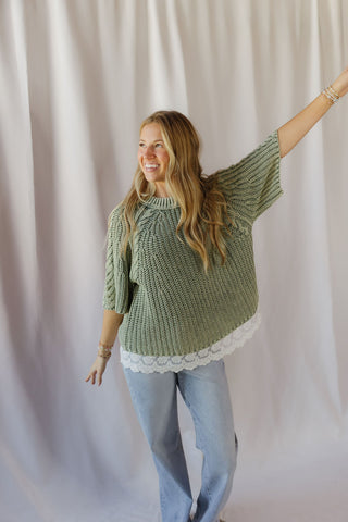 Jovie Lace Bottom Sweater, Green - The Red Thread Boutique