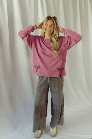 Crochet Bow Sweatshirt, Mulberry