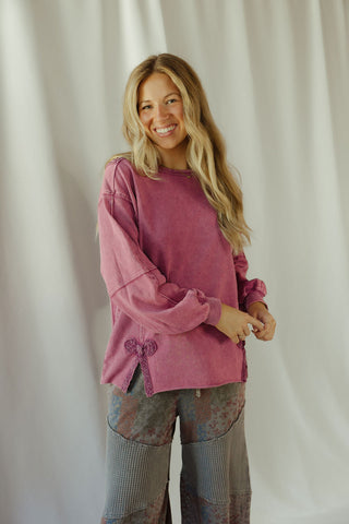 Crochet Bow Sweatshirt, Mulberry