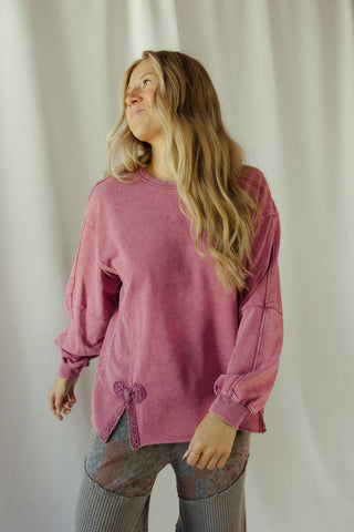 Crochet Bow Sweatshirt, Mulberry