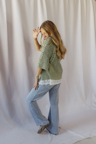Jovie Lace Bottom Sweater, Green - The Red Thread Boutique
