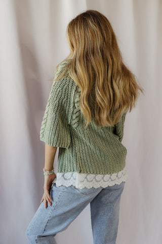 Jovie Lace Bottom Sweater, Green - The Red Thread Boutique