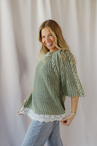 Jovie Lace Bottom Sweater, Green - The Red Thread Boutique