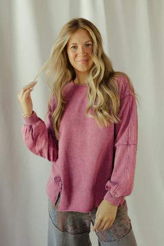Crochet Bow Sweatshirt, Mulberry