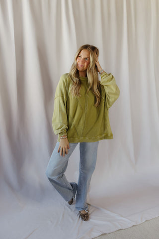 Zinnia Cableknit Sweatshirt, Matcha - The Red Thread Boutique