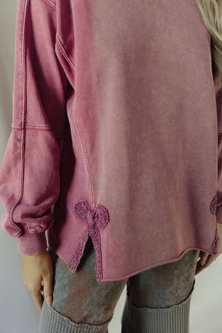 Crochet Bow Sweatshirt, Mulberry