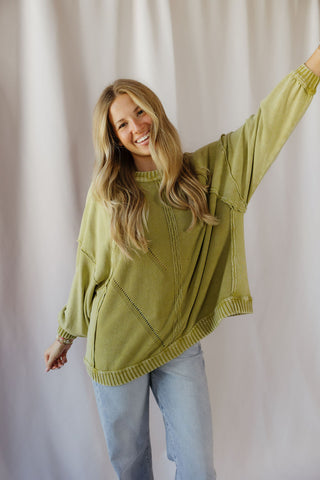 Zinnia Cableknit Sweatshirt, Matcha - The Red Thread Boutique