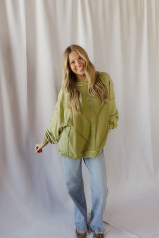 Zinnia Cableknit Sweatshirt, Matcha - The Red Thread Boutique