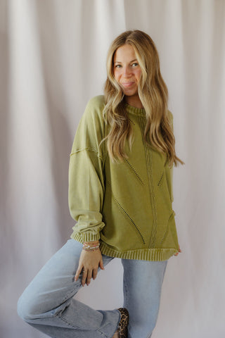 Zinnia Cableknit Sweatshirt, Matcha - The Red Thread Boutique