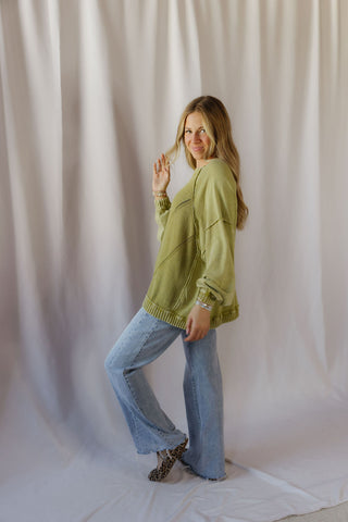 Zinnia Cableknit Sweatshirt, Matcha - The Red Thread Boutique