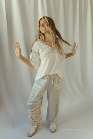 Andie Floral Patch Pants, Grey