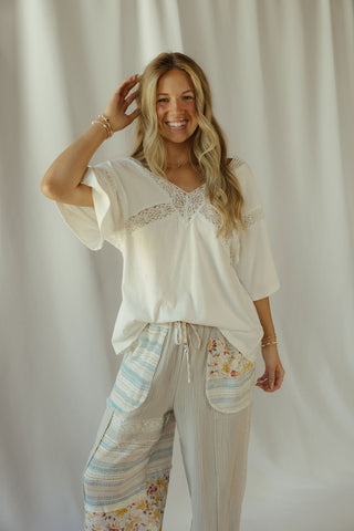 Lace Trim V Neck, White