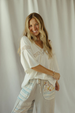 Lace Trim V Neck, White