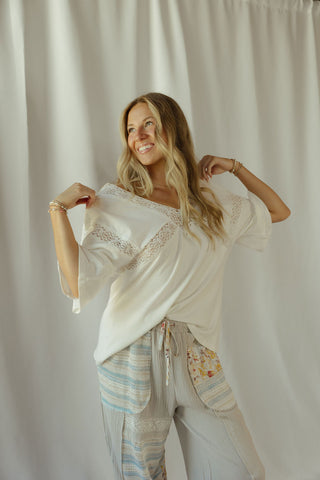 Lace Trim V Neck, White