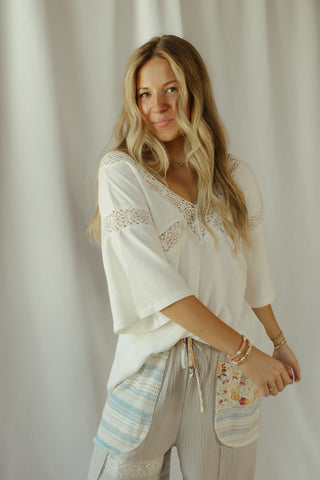 Lace Trim V Neck, White