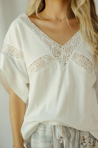 Lace Trim V Neck, White