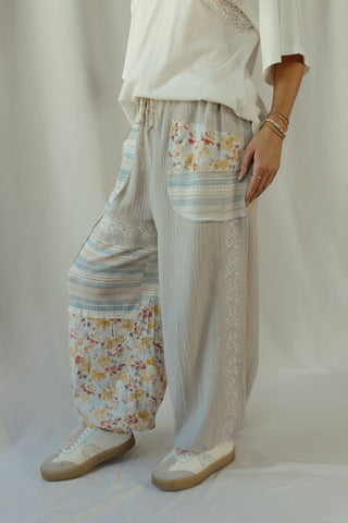 Andie Floral Patch Pants, Grey