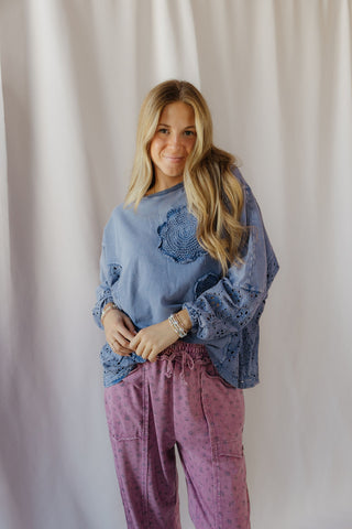 Gia Eyelet Crochet Tee, Blue - The Red Thread Boutique