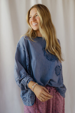Gia Eyelet Crochet Tee, Blue - The Red Thread Boutique