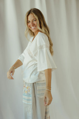 Lace Trim V Neck, White