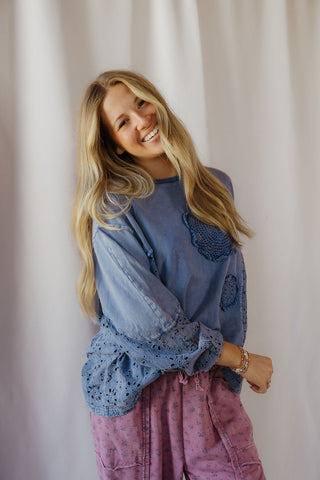 Gia Eyelet Crochet Tee, Blue - The Red Thread Boutique