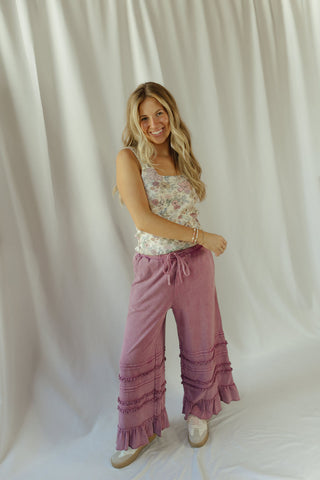 Vayda Ruffle Trim Pants, Raspberry