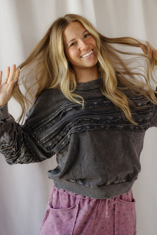 Hollis Ruffle Stripe Sweatshirt, Blueberry - The Red Thread Boutique