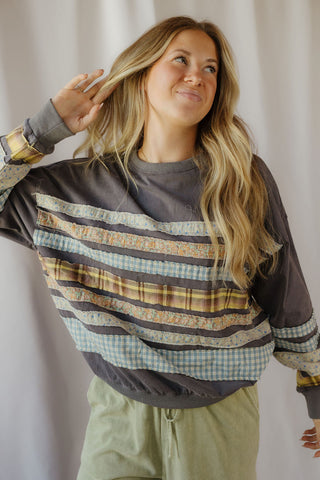 Lennon Patchwork Stripe Sweatshirt, Ash - The Red Thread Boutique