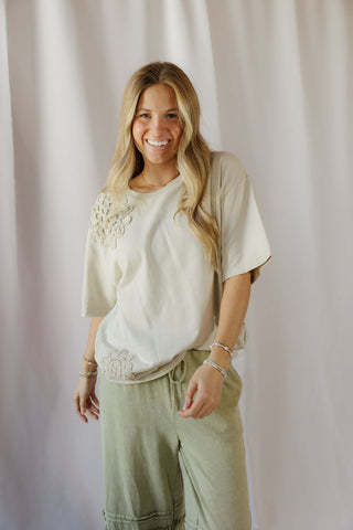 Cleo Crochet Short Sleeve Tee, Natural - The Red Thread Boutique