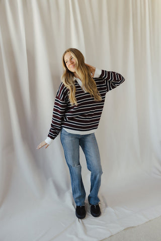 Nina Sweater, Wine/Navy Stripe - The Red Thread Boutique