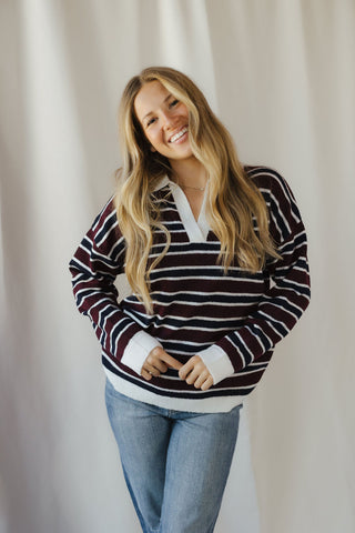 Nina Sweater, Wine/Navy Stripe - The Red Thread Boutique