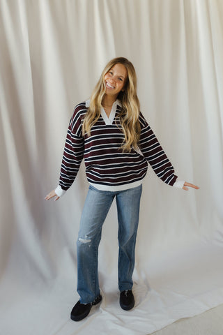 Nina Sweater, Wine/Navy Stripe - The Red Thread Boutique