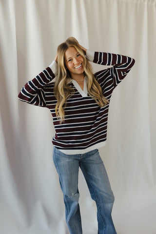 Nina Sweater, Wine/Navy Stripe - The Red Thread Boutique