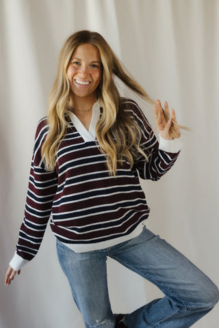 Nina Sweater, Wine/Navy Stripe - The Red Thread Boutique