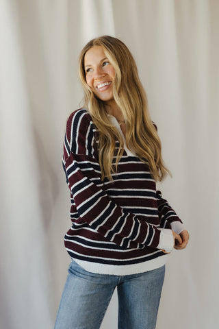 Nina Sweater, Wine/Navy Stripe - The Red Thread Boutique