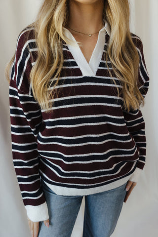 Nina Sweater, Wine/Navy Stripe - The Red Thread Boutique