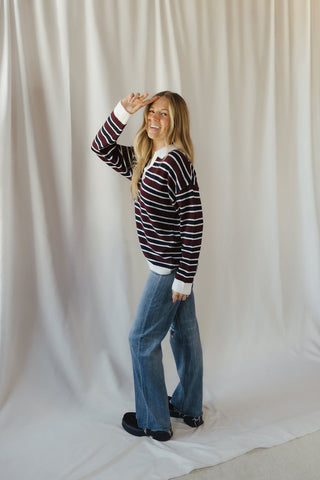 Nina Sweater, Wine/Navy Stripe - The Red Thread Boutique
